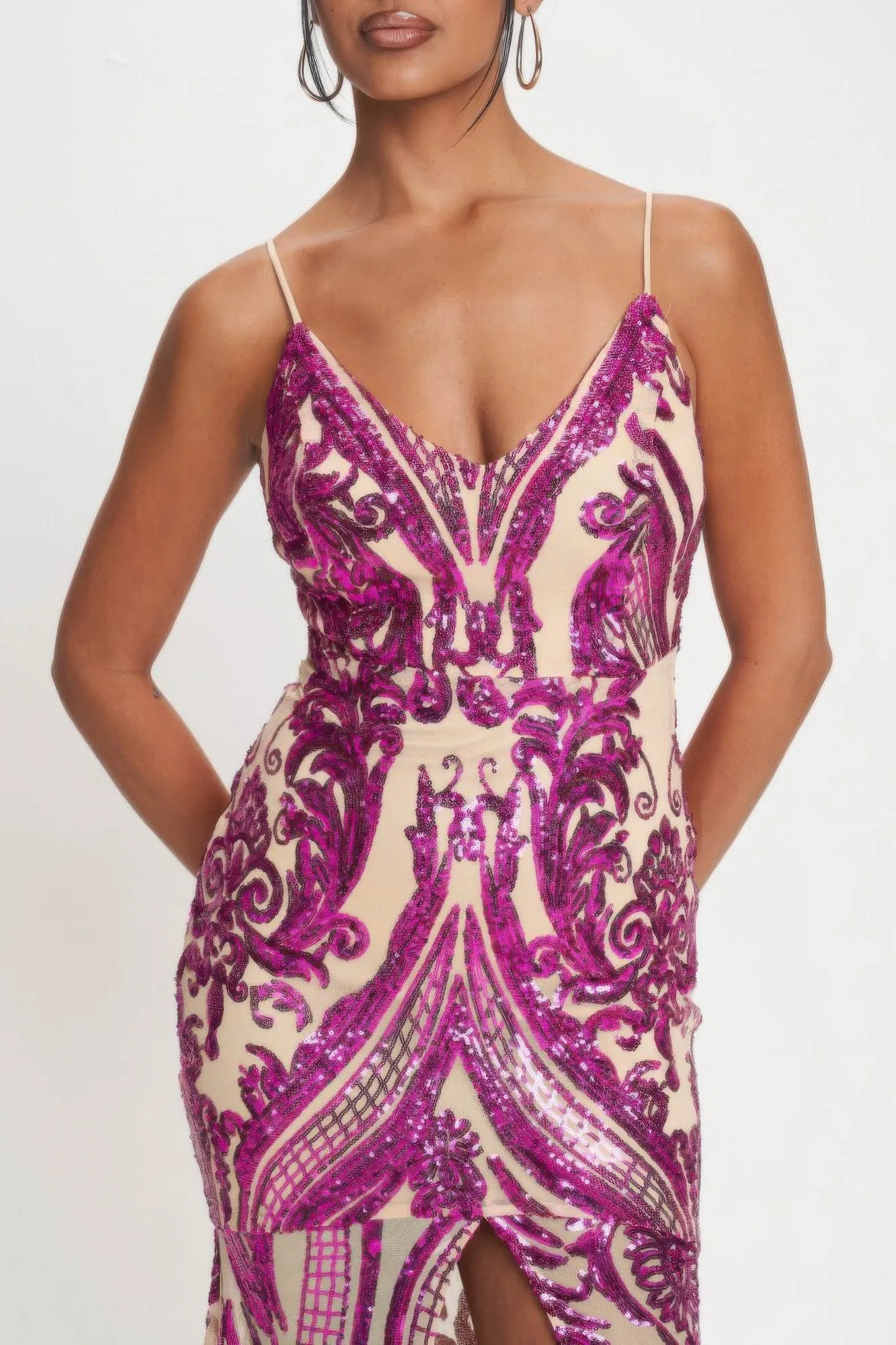 Hot Girl Art Deco Sequined Maxi Dress In Fuchsia