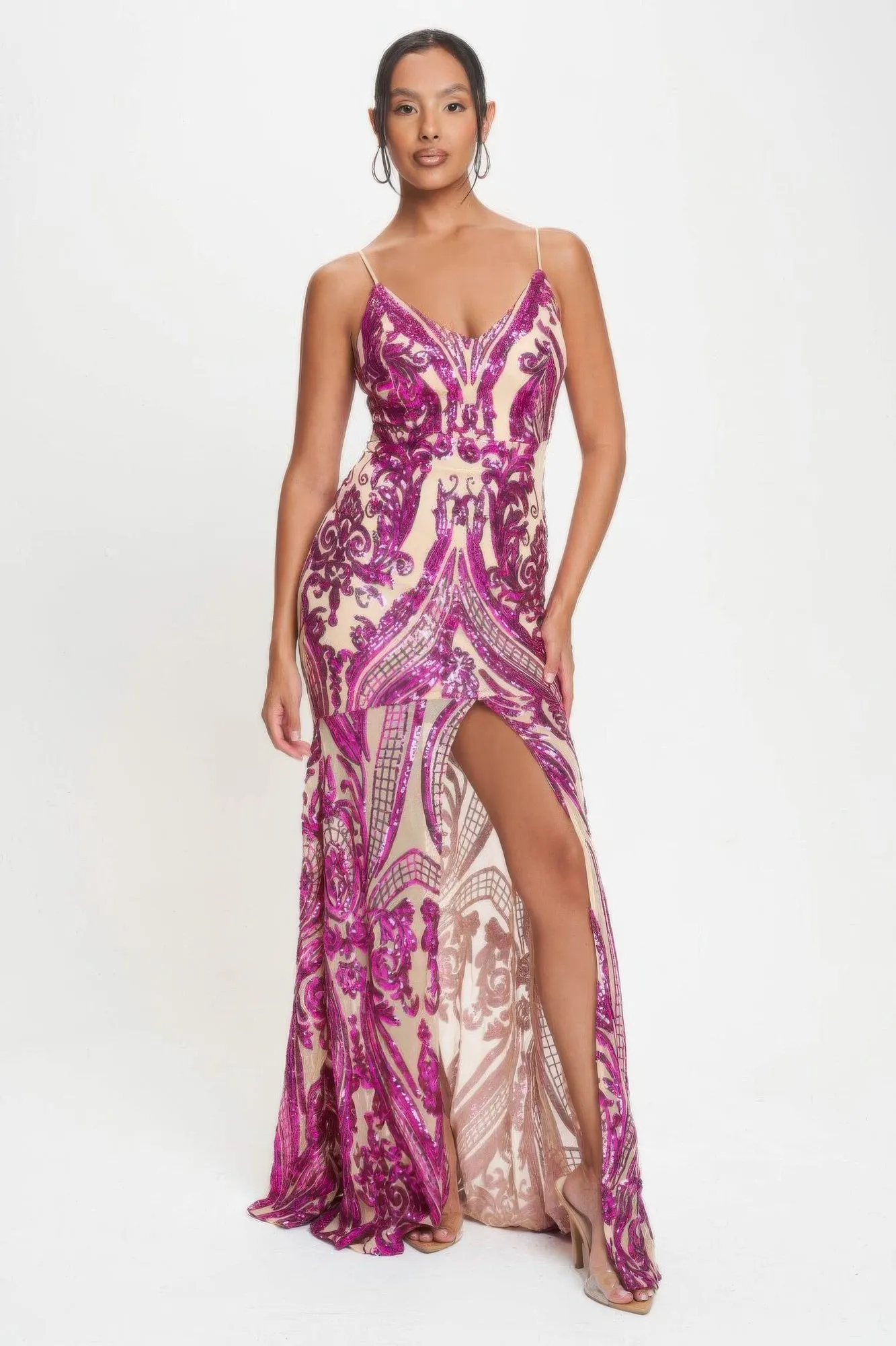 Hot Girl Art Deco Sequined Maxi Dress In Fuchsia