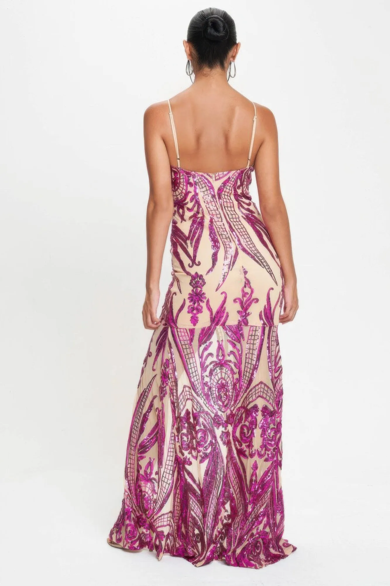 Hot Girl Art Deco Sequined Maxi Dress In Fuchsia