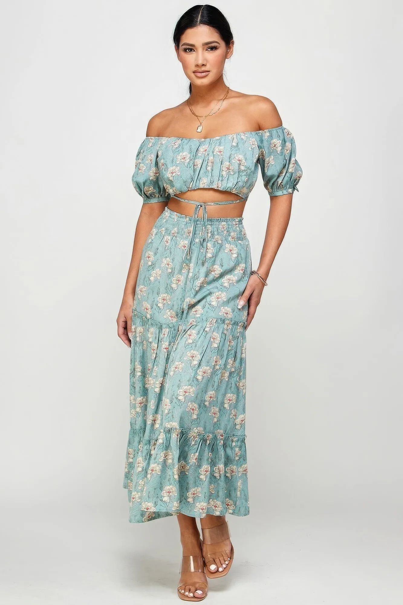 Hot Girl Floral Off Shoulder Back Tie Top And Maxi Skirt Two Piece Set In Mint