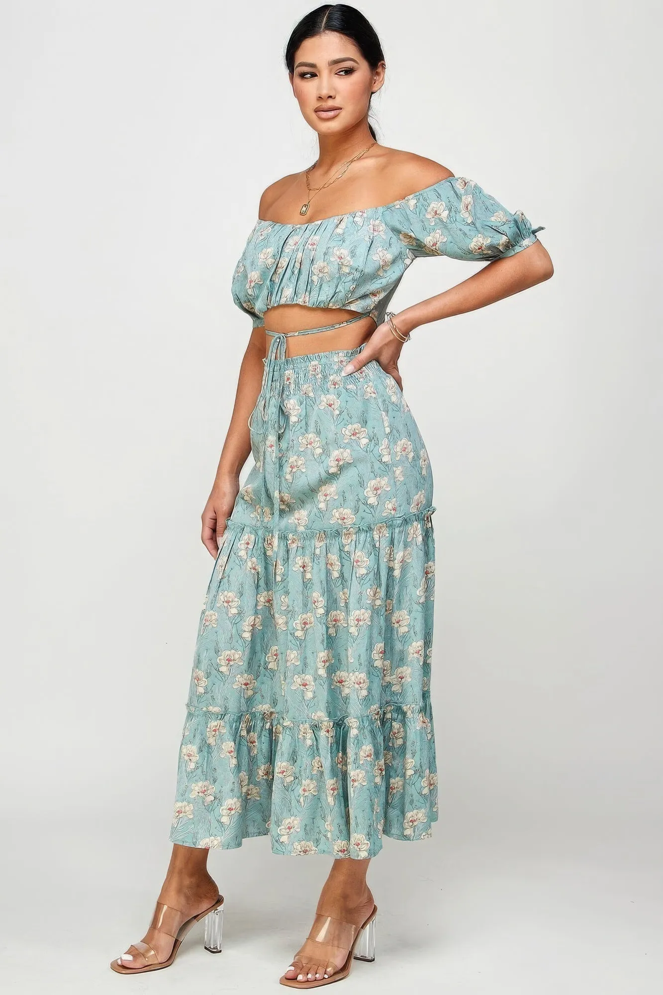 Hot Girl Floral Off Shoulder Back Tie Top And Maxi Skirt Two Piece Set In Mint