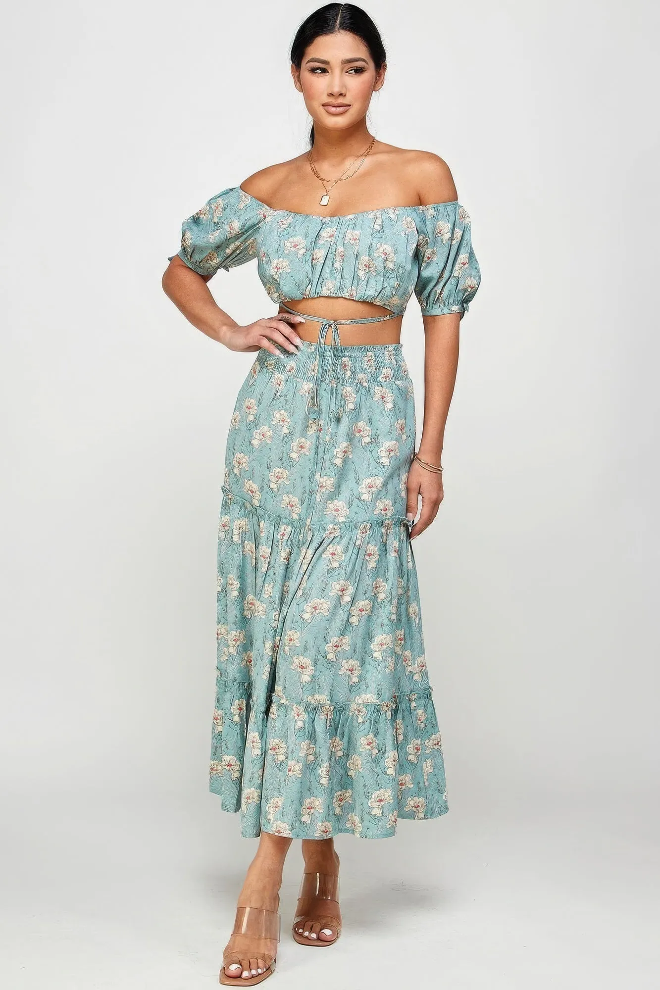 Hot Girl Floral Off Shoulder Back Tie Top And Maxi Skirt Two Piece Set In Mint