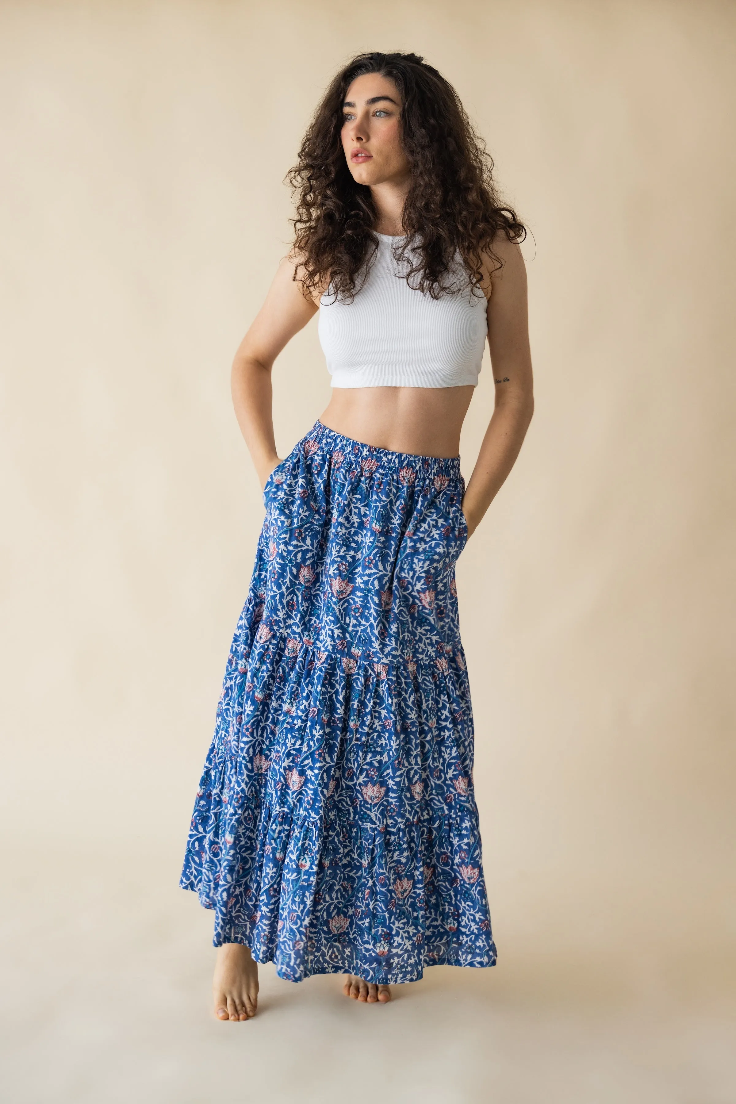 Indian Block Print Maxi Skirt with Pockets & Lining