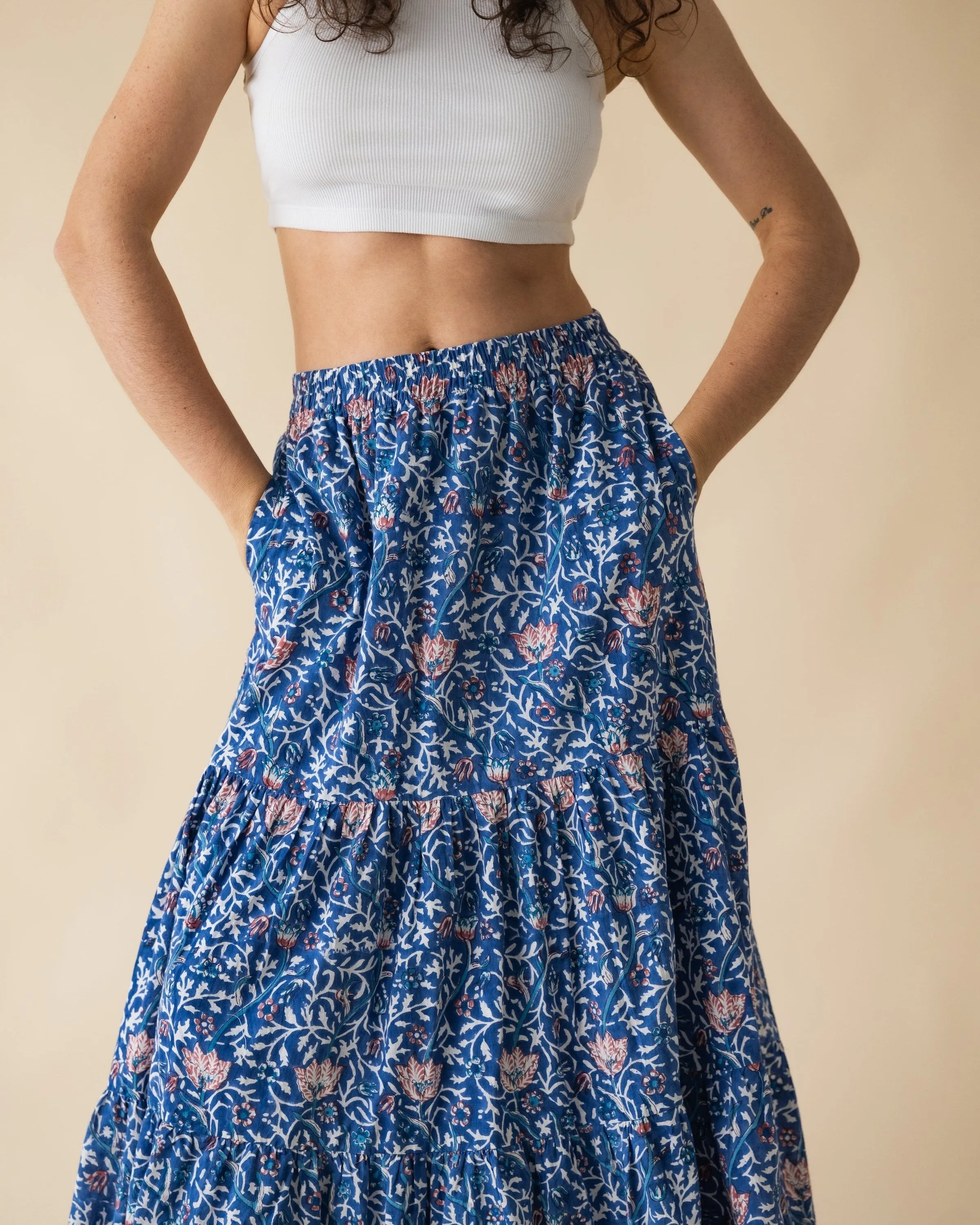 Indian Block Print Maxi Skirt with Pockets & Lining