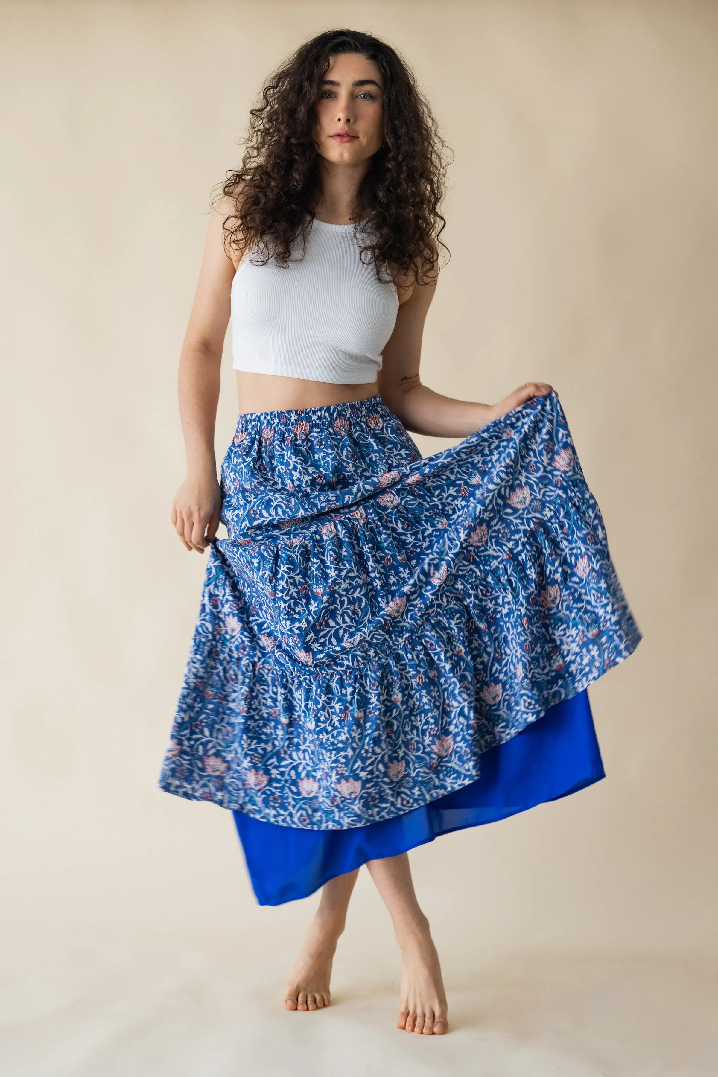 Indian Block Print Maxi Skirt with Pockets & Lining