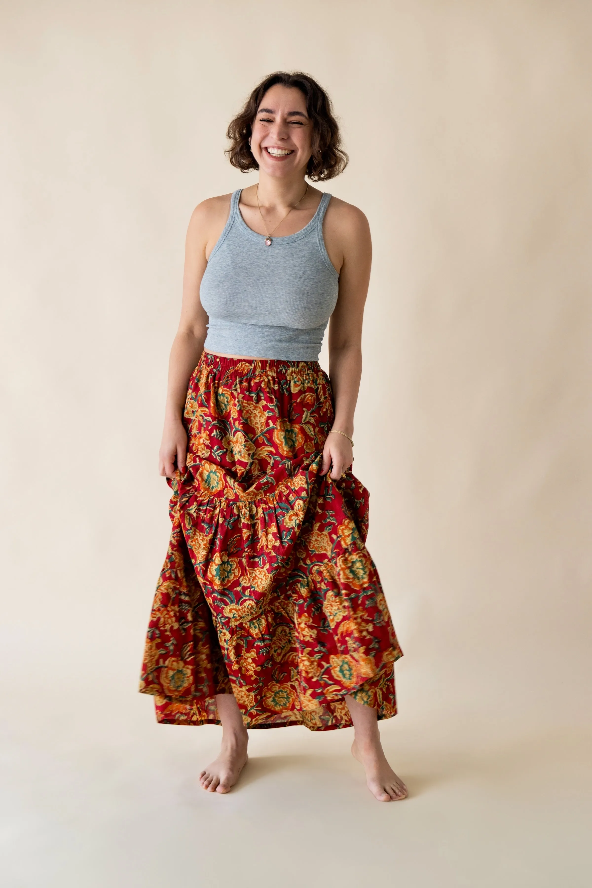 Indian Block Print Maxi Skirt with Pockets & Lining