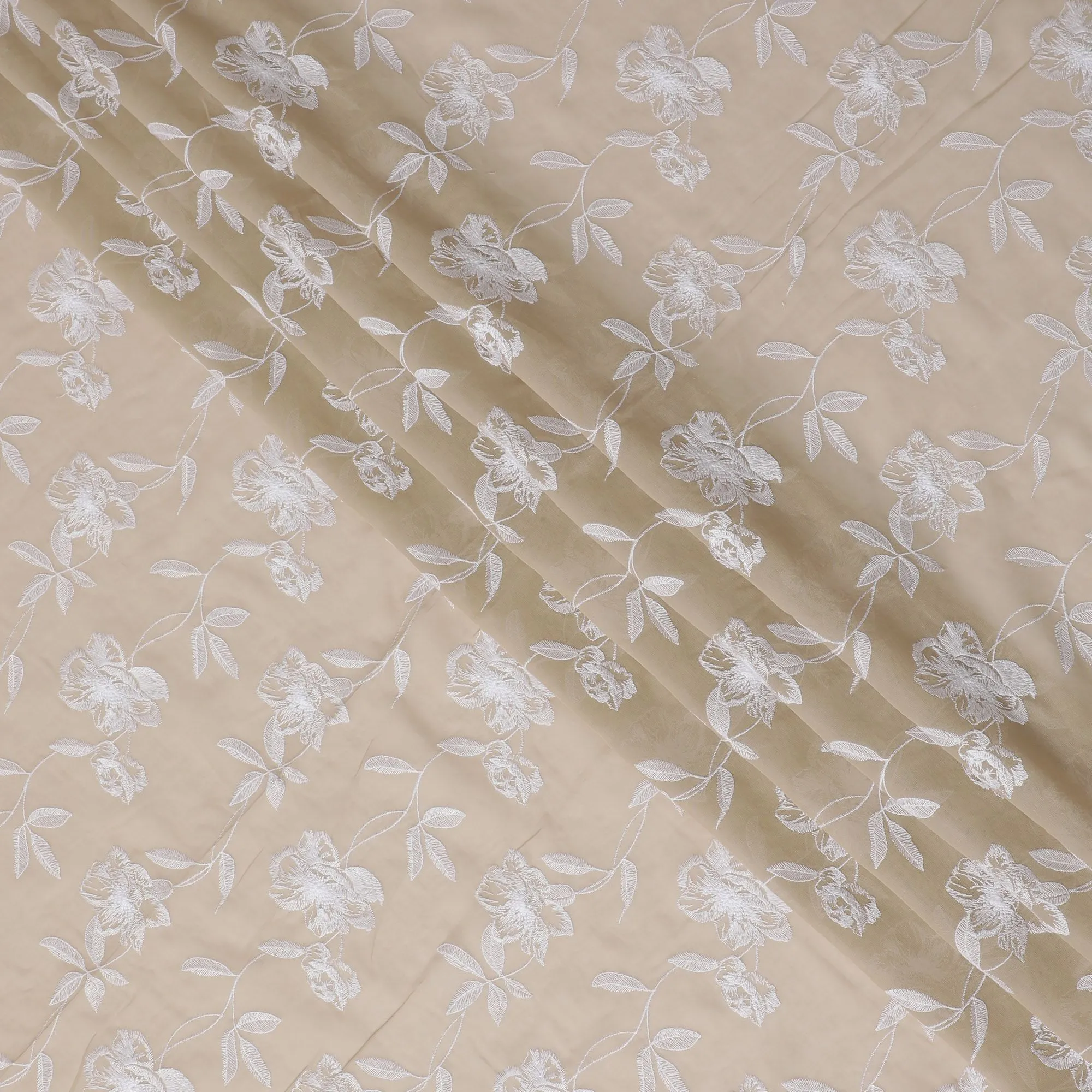 Ivory Bloom Embroidered Cotton Voile Fabric - Deluxe 110cm-D17569