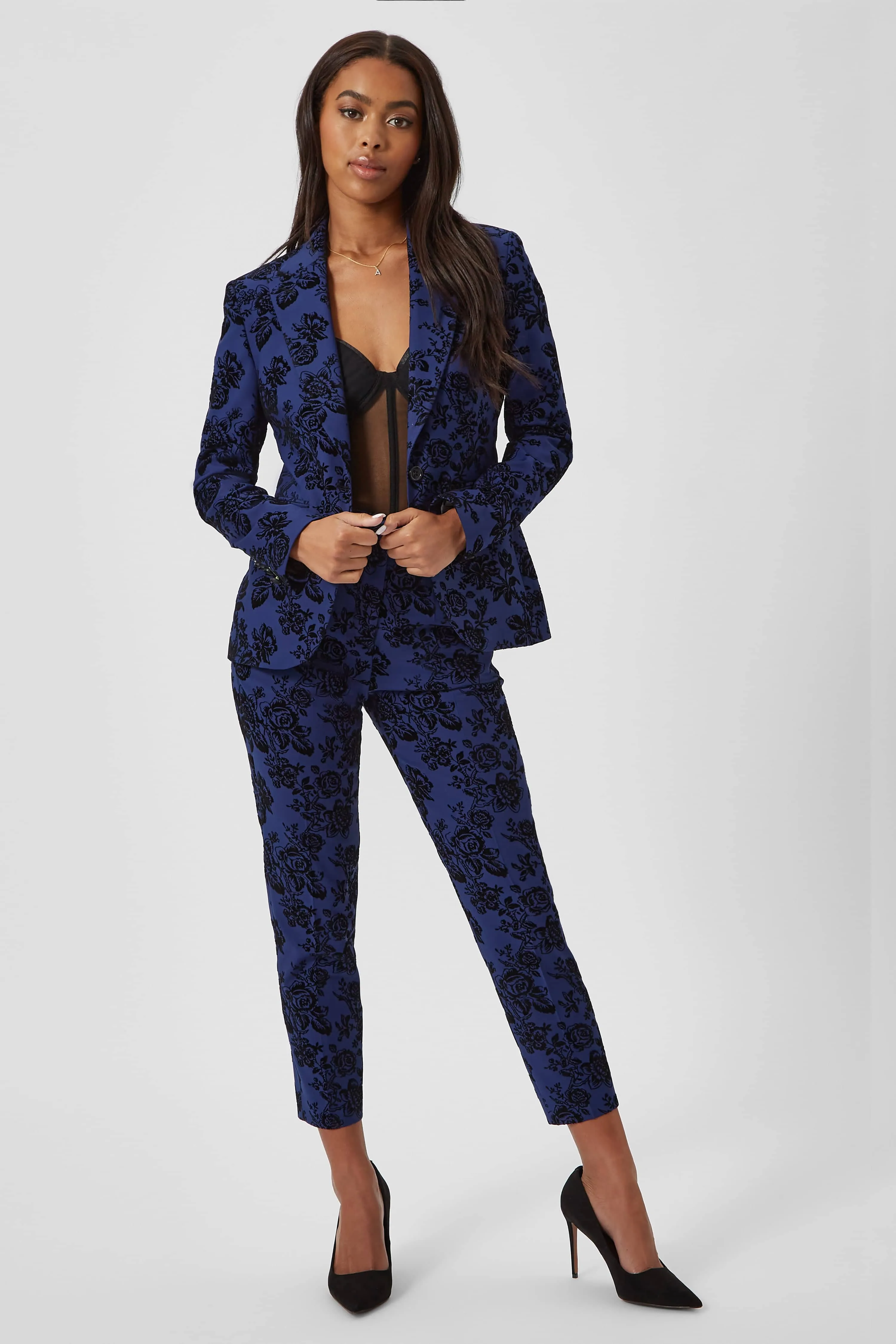 Jackalope Skinny Fit Blue Floral Flocked Jacket