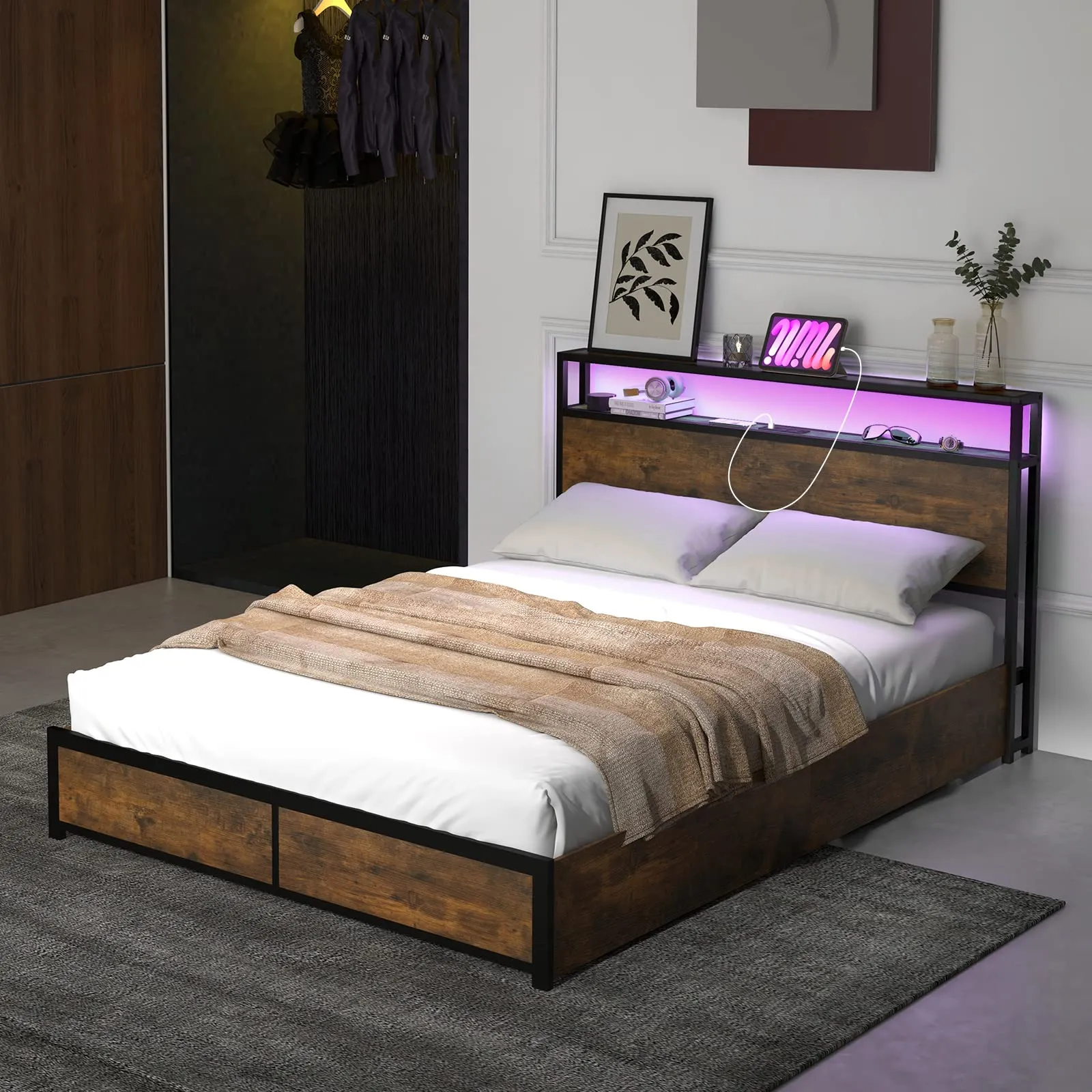 KOMFOTT Bed Frame with LED Lights Headboard and 4 Storage Drawers, Metal Platform Bed with Outlets and USB Ports Charging Station