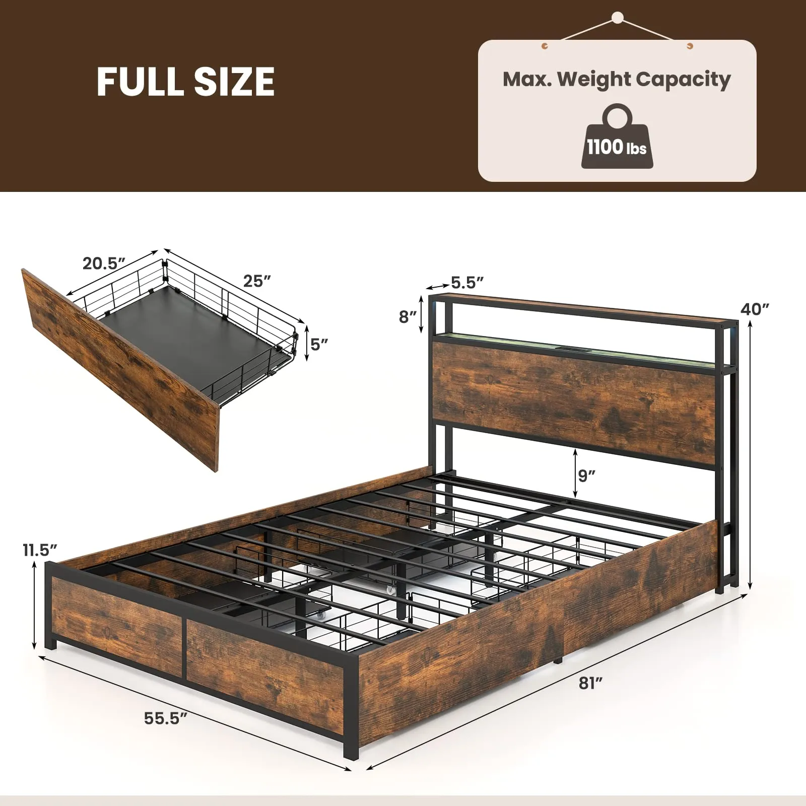 KOMFOTT Bed Frame with LED Lights Headboard and 4 Storage Drawers, Metal Platform Bed with Outlets and USB Ports Charging Station