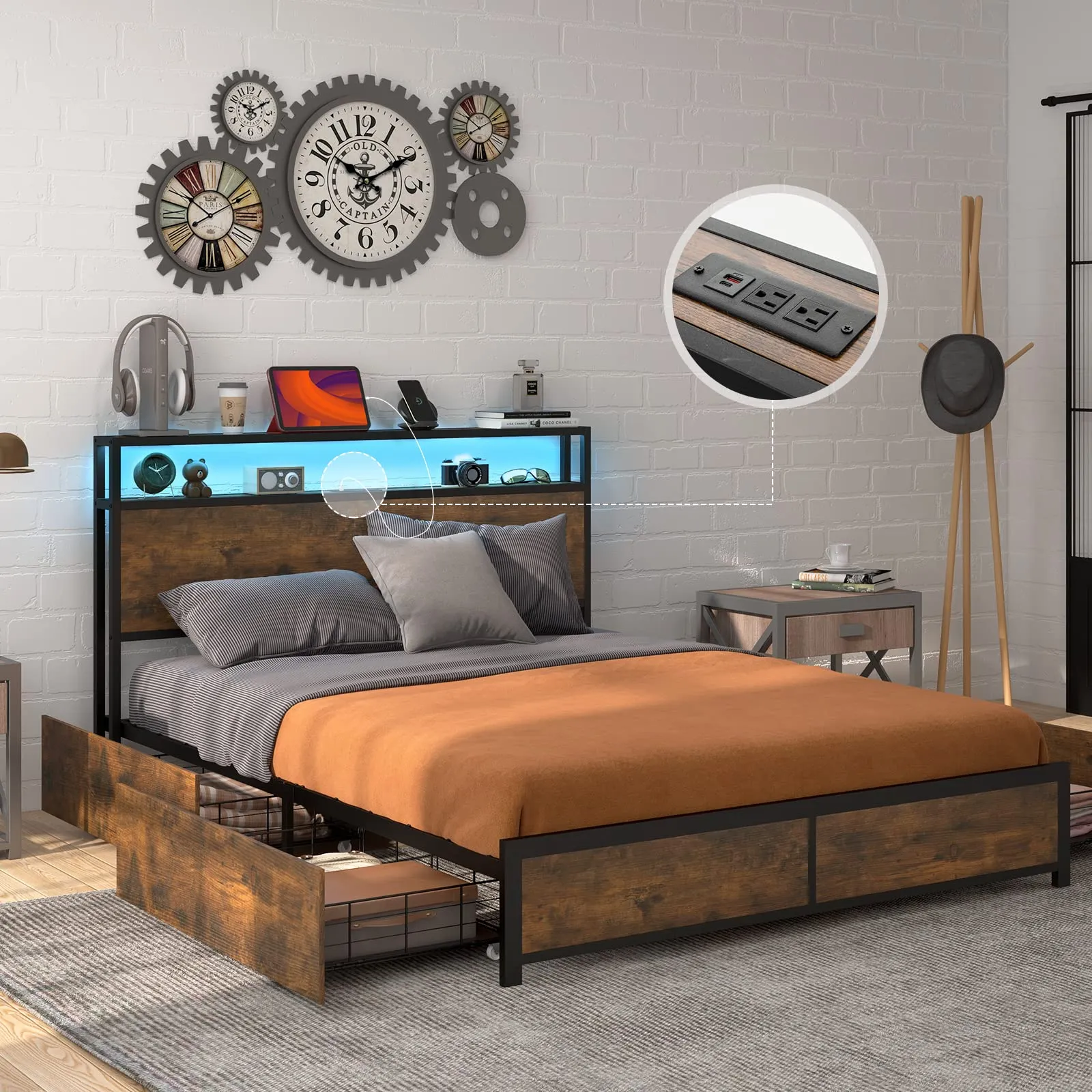 KOMFOTT Bed Frame with LED Lights Headboard and 4 Storage Drawers, Metal Platform Bed with Outlets and USB Ports Charging Station