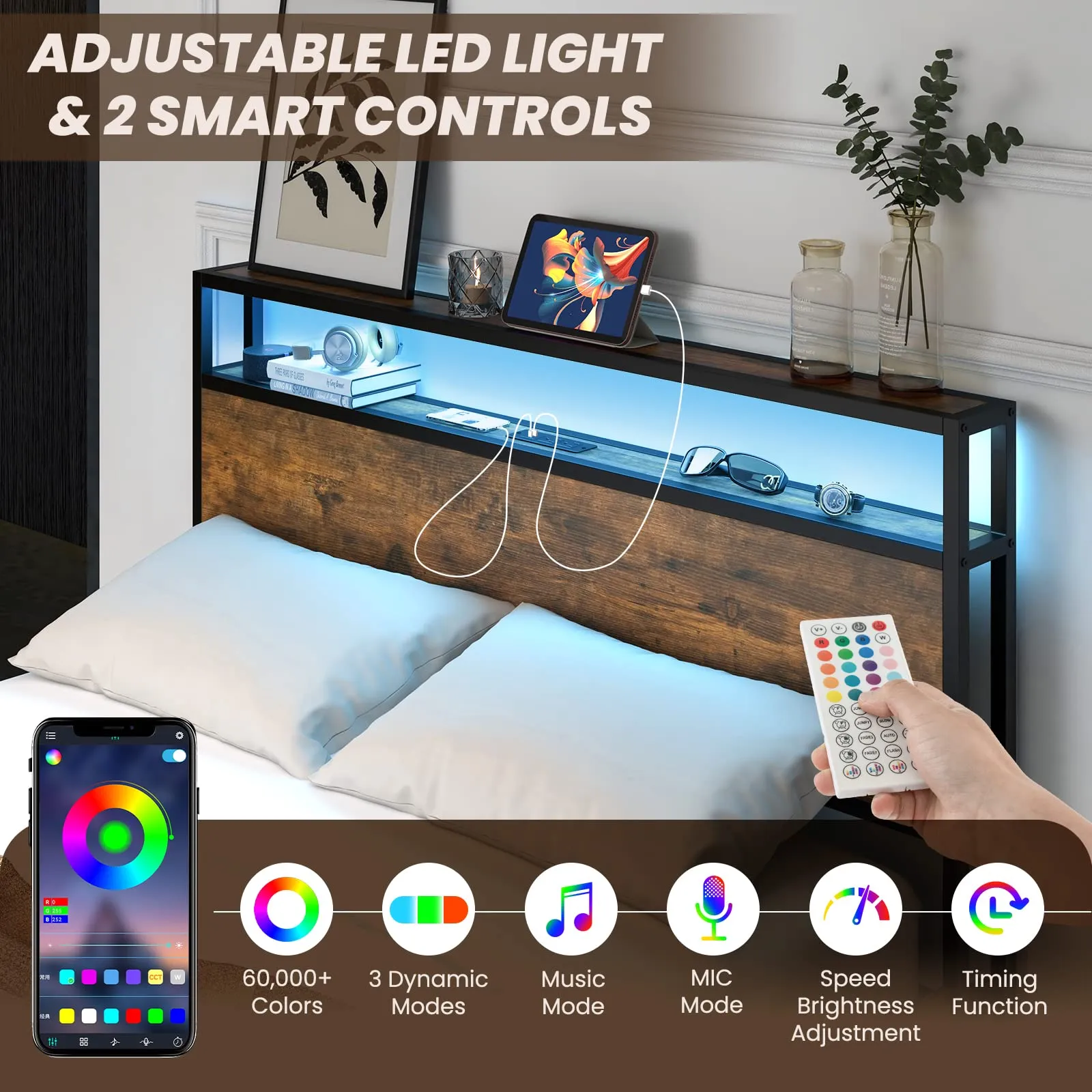 KOMFOTT Bed Frame with LED Lights Headboard and 4 Storage Drawers, Metal Platform Bed with Outlets and USB Ports Charging Station