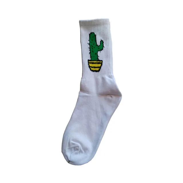 Korean Novelty Women and Men Cotton Crew Socks Funny Cactus Banana  Pattern Creative Lovers Sox Harajuku Novelty pink white