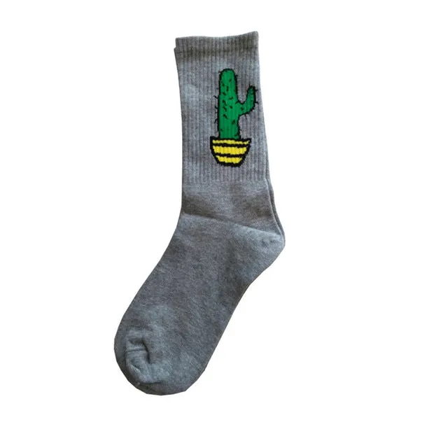 Korean Novelty Women and Men Cotton Crew Socks Funny Cactus Banana  Pattern Creative Lovers Sox Harajuku Novelty pink white