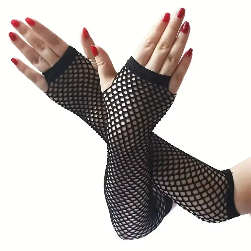 Lacy Mirage: Fingerless Fishnet Lace Gloves