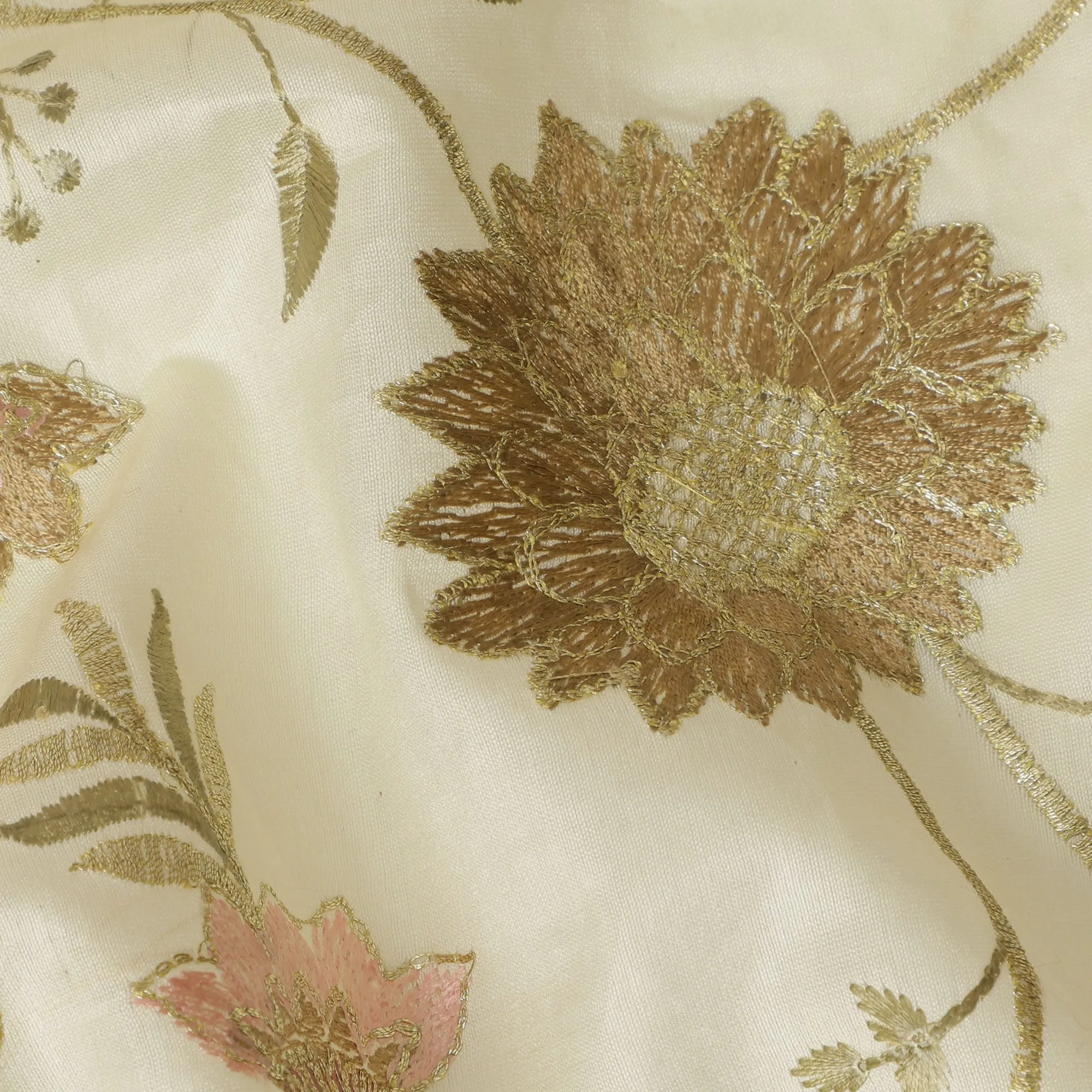 Light laurel green Cotton Silk Fabric with Gold and Pink Floral Embroidery, 110 cm Width-D20438