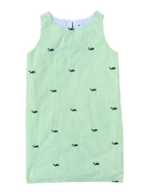 Lime Green Seersucker Women's Dress with Navy Embroidered Whales