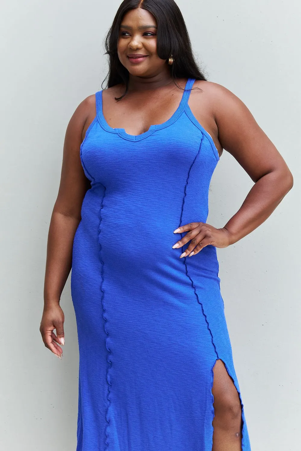 Look At Me Full Size Notch Neck Maxi Dress with Slit in Cobalt Blue