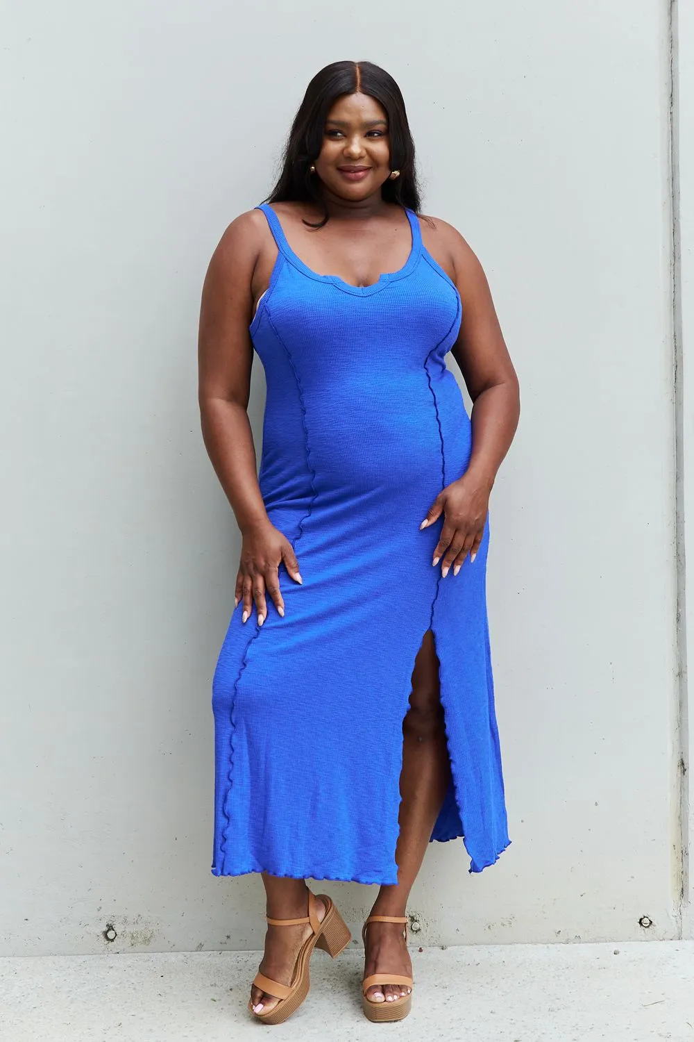 Look At Me Full Size Notch Neck Maxi Dress with Slit in Cobalt Blue