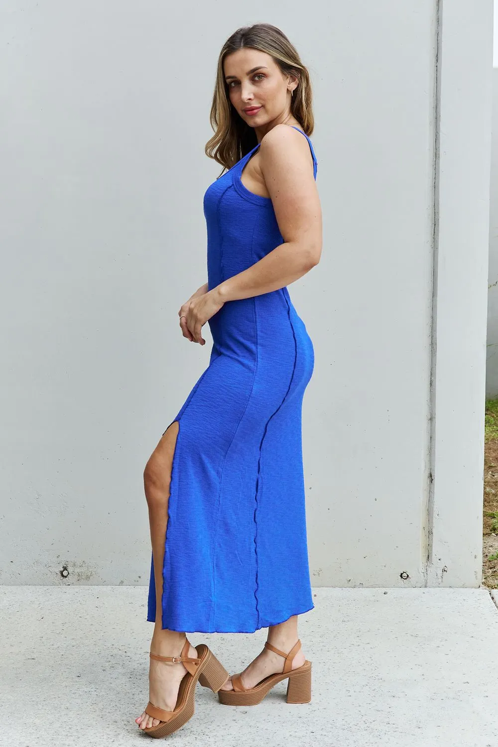 Look At Me Full Size Notch Neck Maxi Dress with Slit in Cobalt Blue