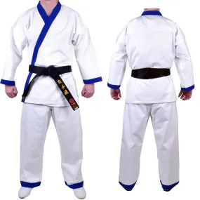 MAR-008 | White Karate Uniform w/ Blue Trim (8oz Fabric)   FREE BELT