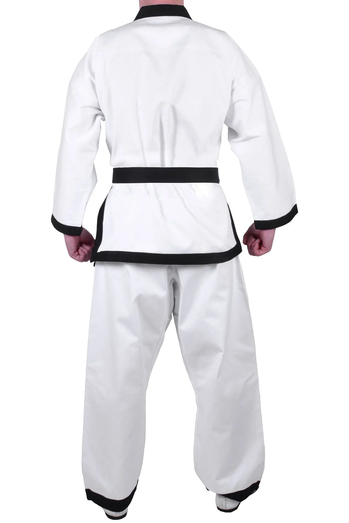 MAR-009 | White Karate Uniform w/ Black Trim (8oz Fabric)   FREE BELT