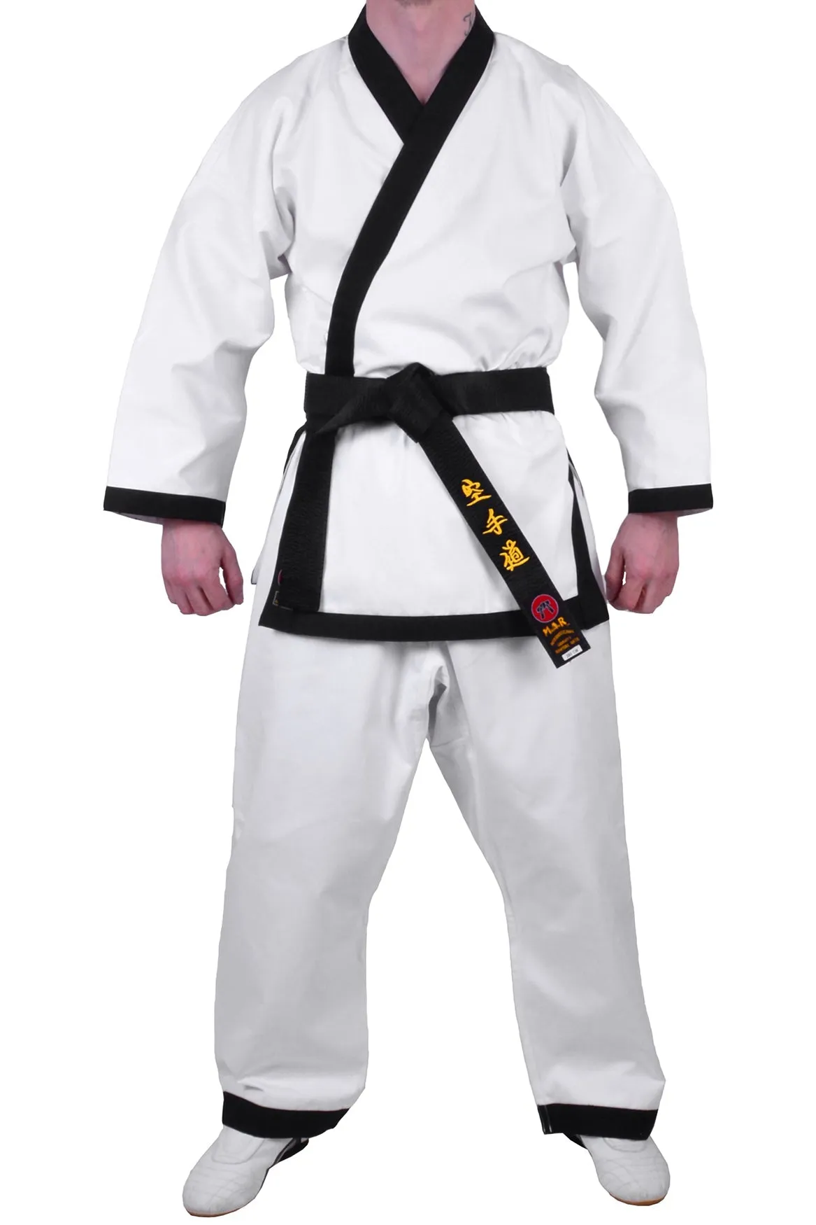 MAR-009 | White Karate Uniform w/ Black Trim (8oz Fabric)   FREE BELT