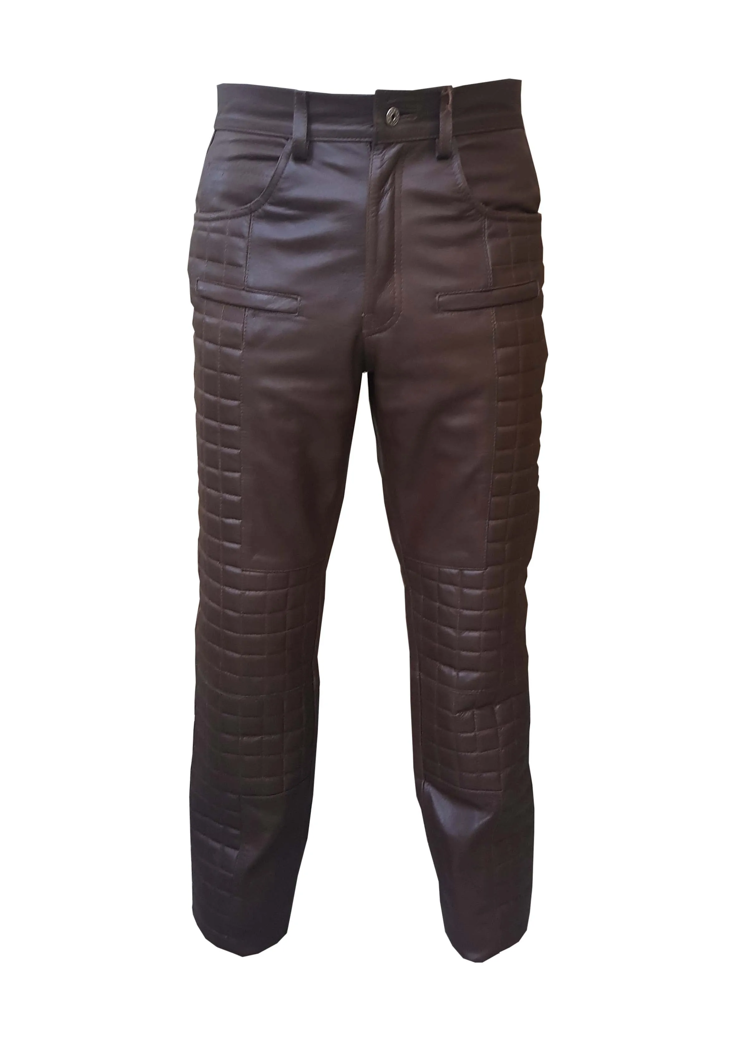 Mens Bikers Pants Black And Brown Leather Quilted Design Motorcycle Jeans Trouser (502)