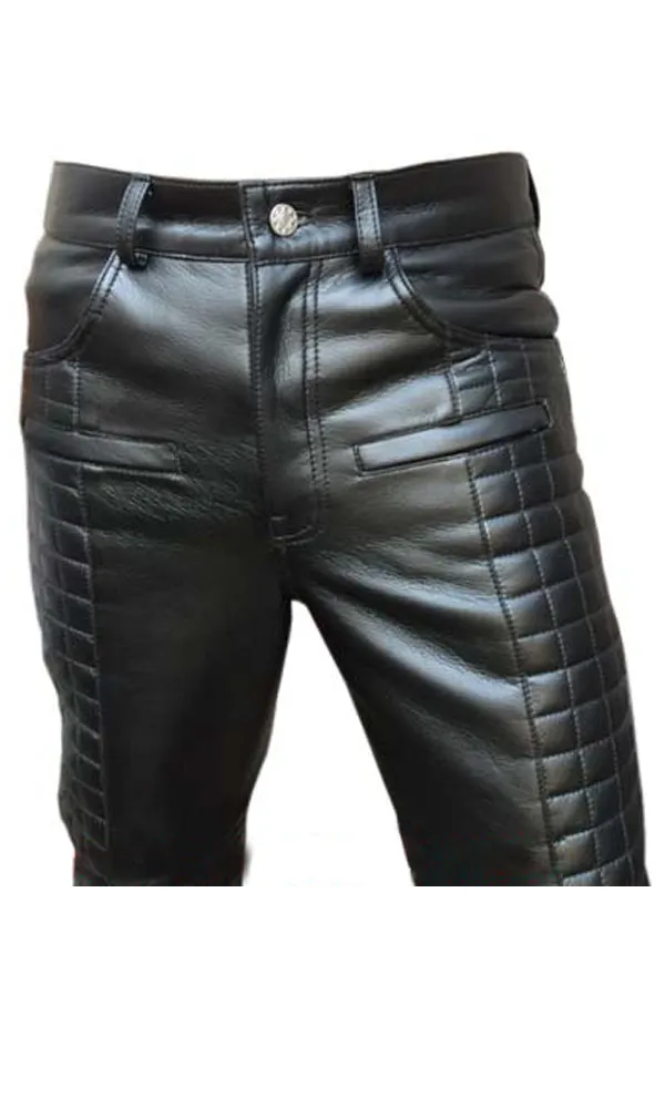 Mens Bikers Pants Black And Brown Leather Quilted Design Motorcycle Jeans Trouser (502)