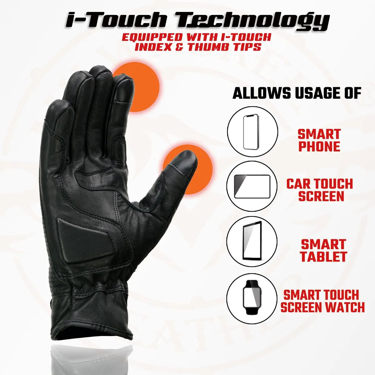 Milwaukee Leather MG7526 Men's Black Leather i-Touch Screen Compatible Gel Palm Racer Motorcycle Gloves w/ Finger Protection