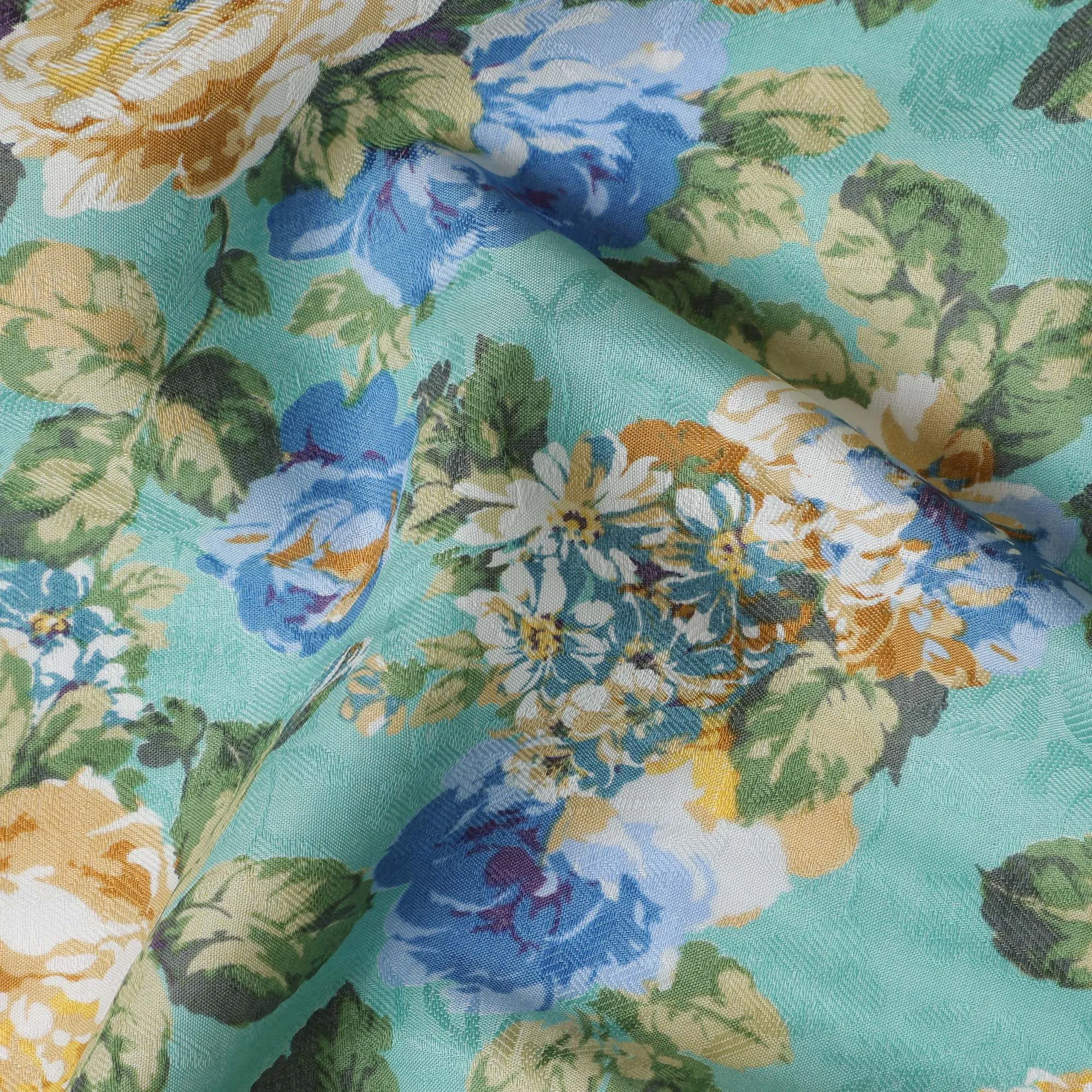 Mint Green Japanese Cotton Voile Fabric, Yellow & Blue Floral Print, 110 cm Width-D20915