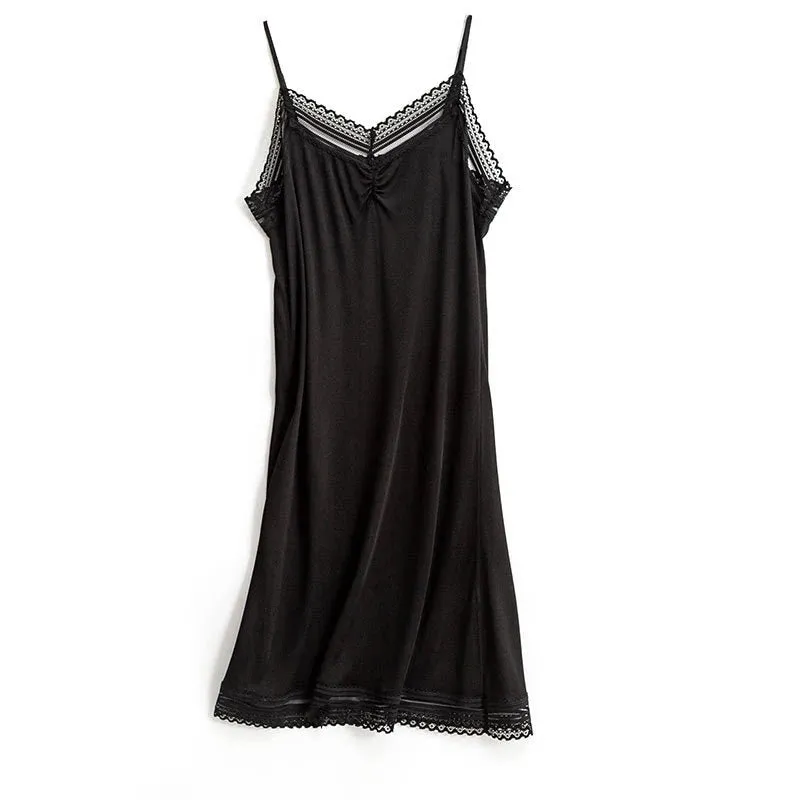 Mulberry Silk Knee-Length Slip Dress for Women with V-Neck and Lace Decoration