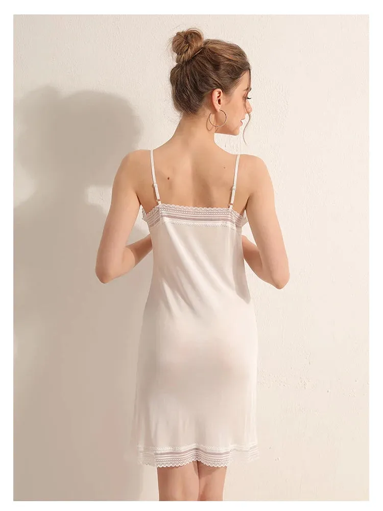 Mulberry Silk Knee-Length Slip Dress for Women with V-Neck and Lace Decoration