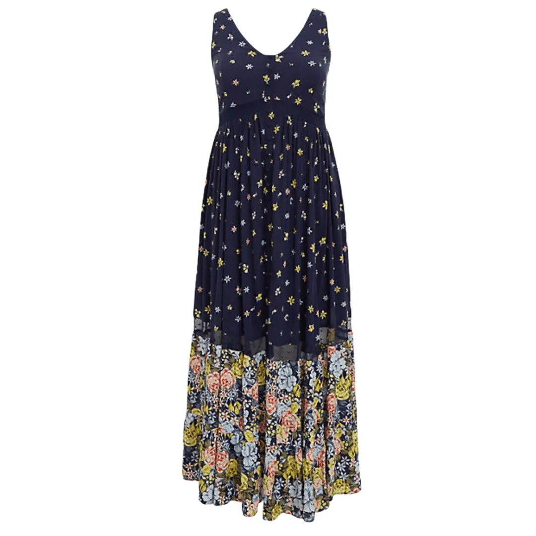 Navy Blue V-Neck Maxi Dress for a Blooming Summer