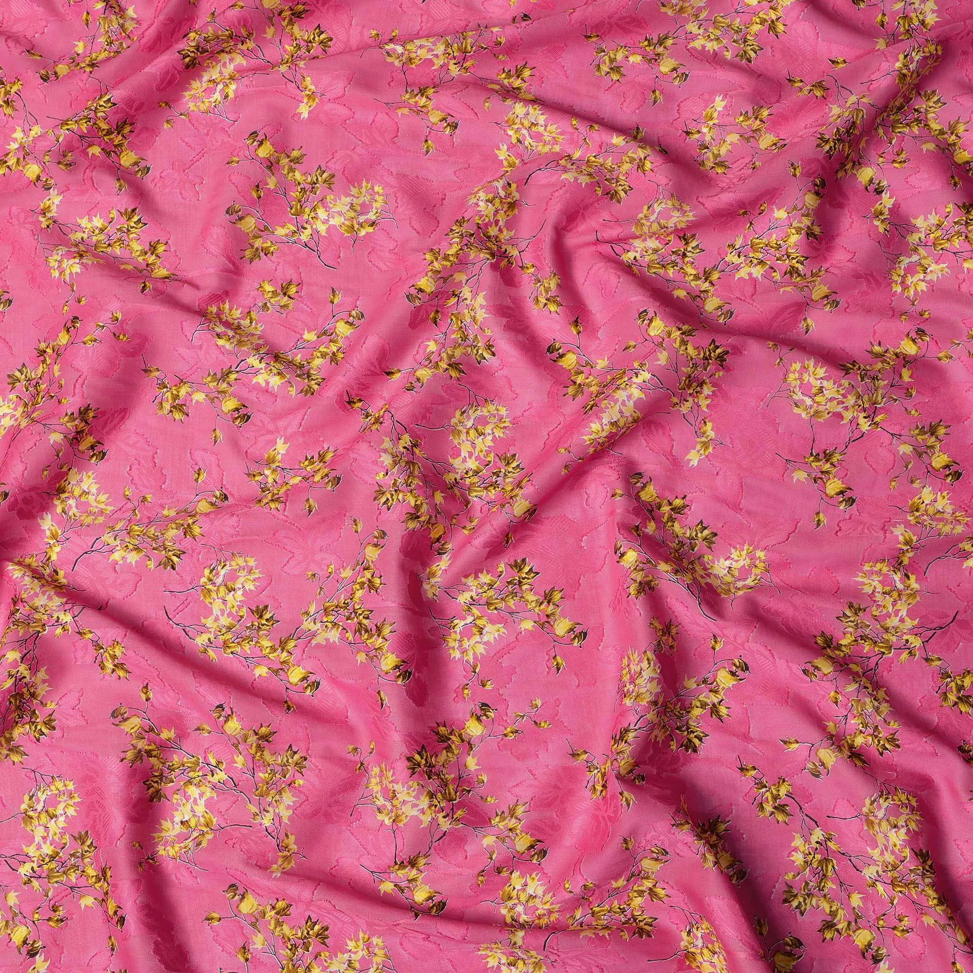 Pink Japanese Cotton Voile Fabric, Yellow & Green Leaf Print, 110 cm Width-D20914