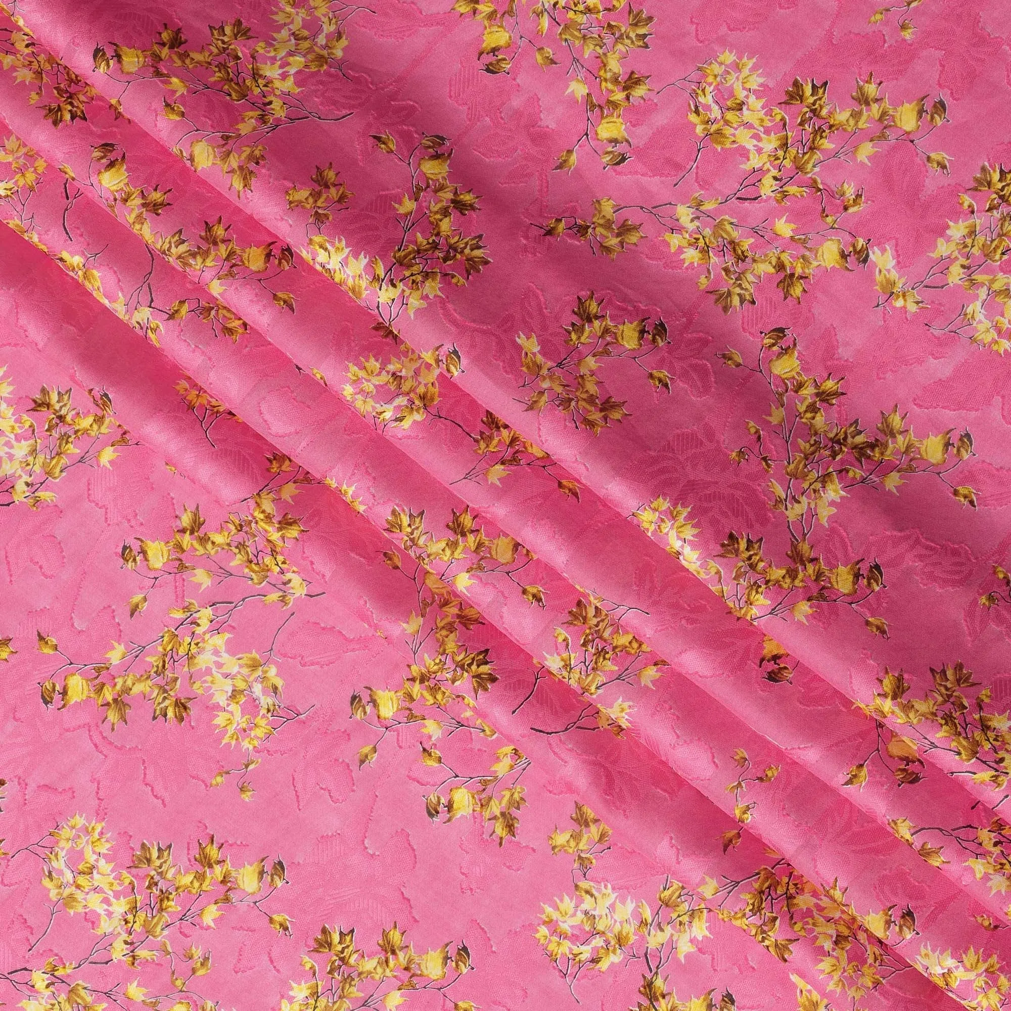 Pink Japanese Cotton Voile Fabric, Yellow & Green Leaf Print, 110 cm Width-D20914