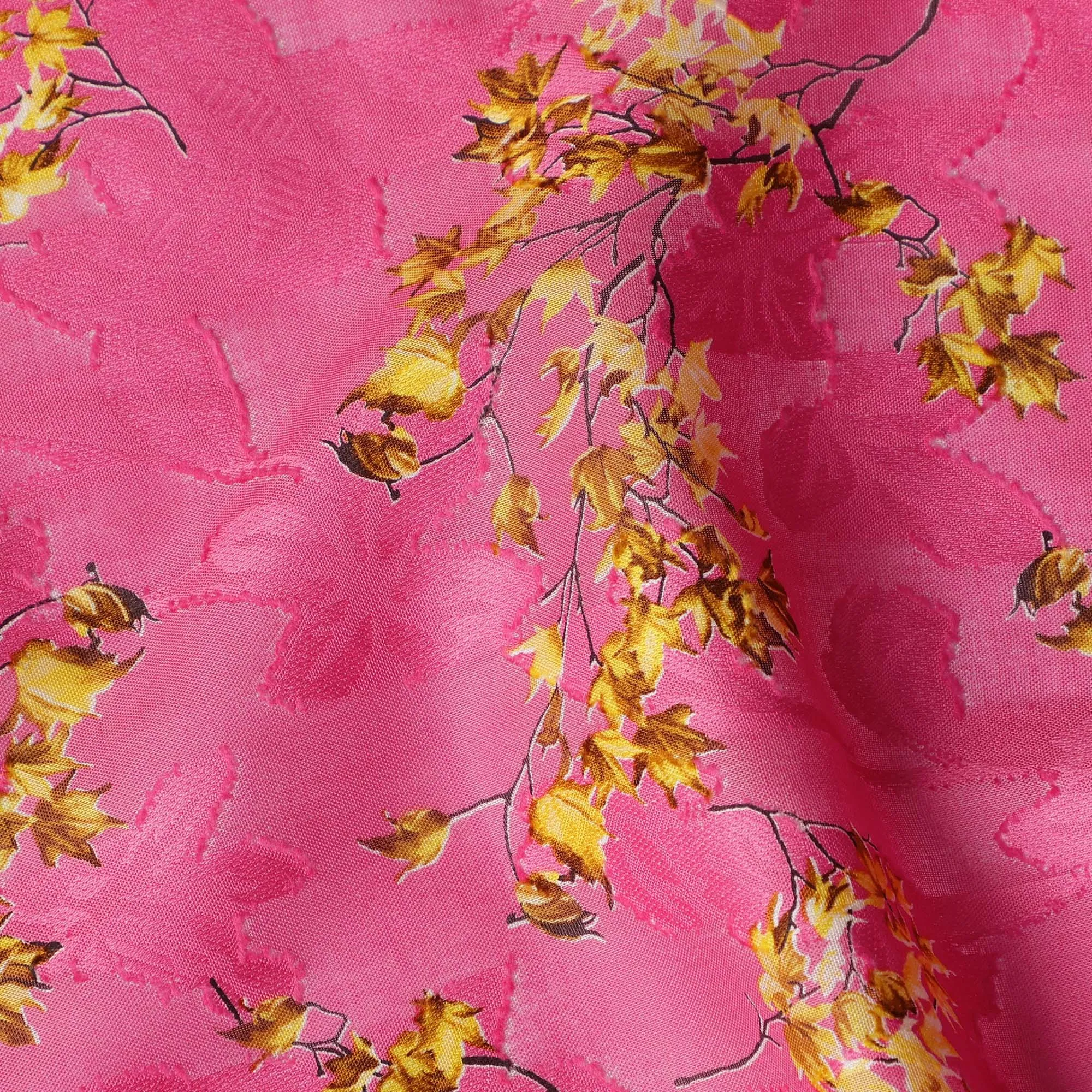 Pink Japanese Cotton Voile Fabric, Yellow & Green Leaf Print, 110 cm Width-D20914