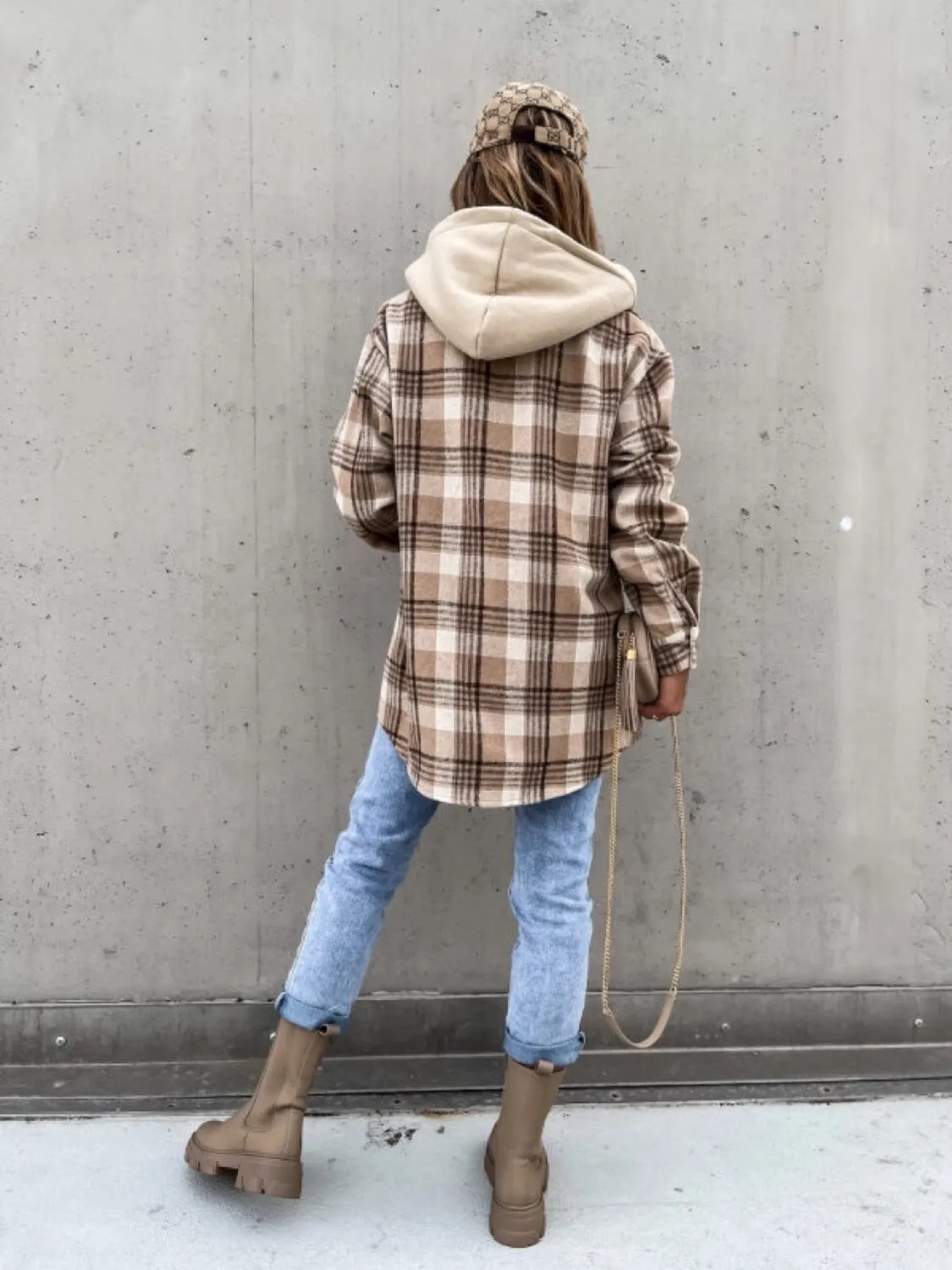 Plaid Dropped Shoulder Hooded Jacket