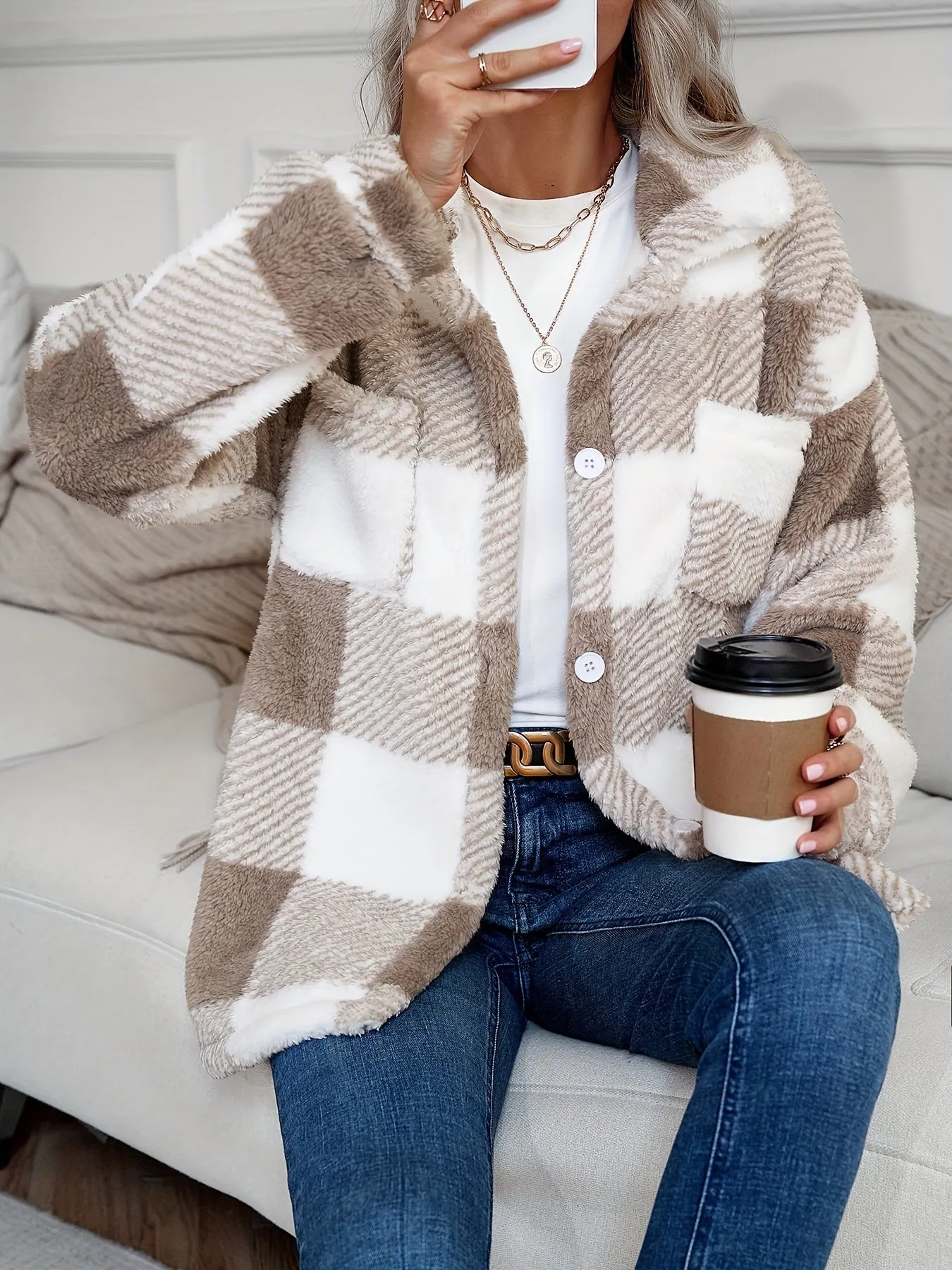 Plaid Pattern Teddy Coat, Casual Button Front Long Sleeve Outerwear, Women's Clothing