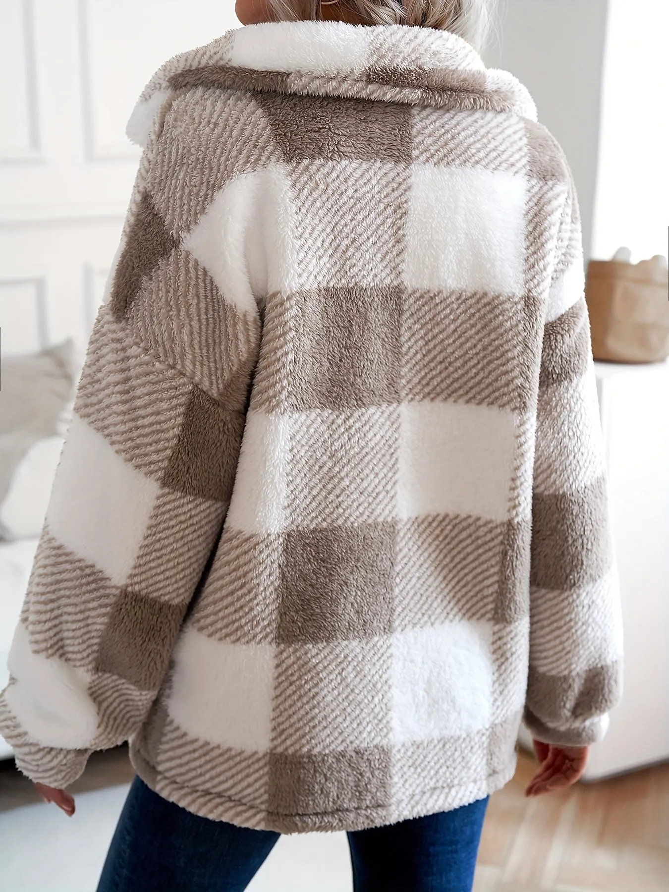 Plaid Pattern Teddy Coat, Casual Button Front Long Sleeve Outerwear, Women's Clothing