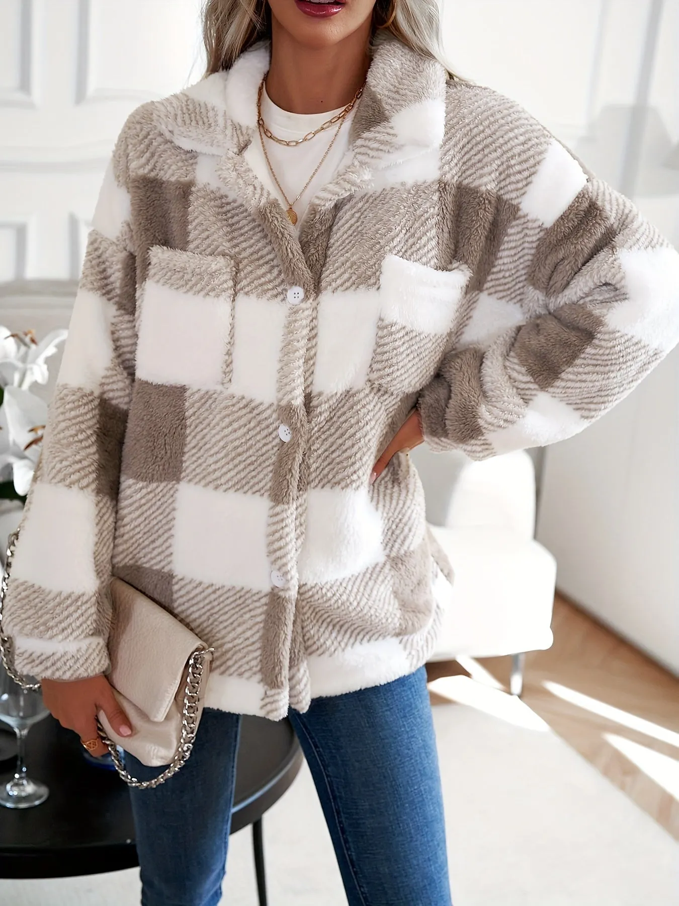 Plaid Pattern Teddy Coat, Casual Button Front Long Sleeve Outerwear, Women's Clothing