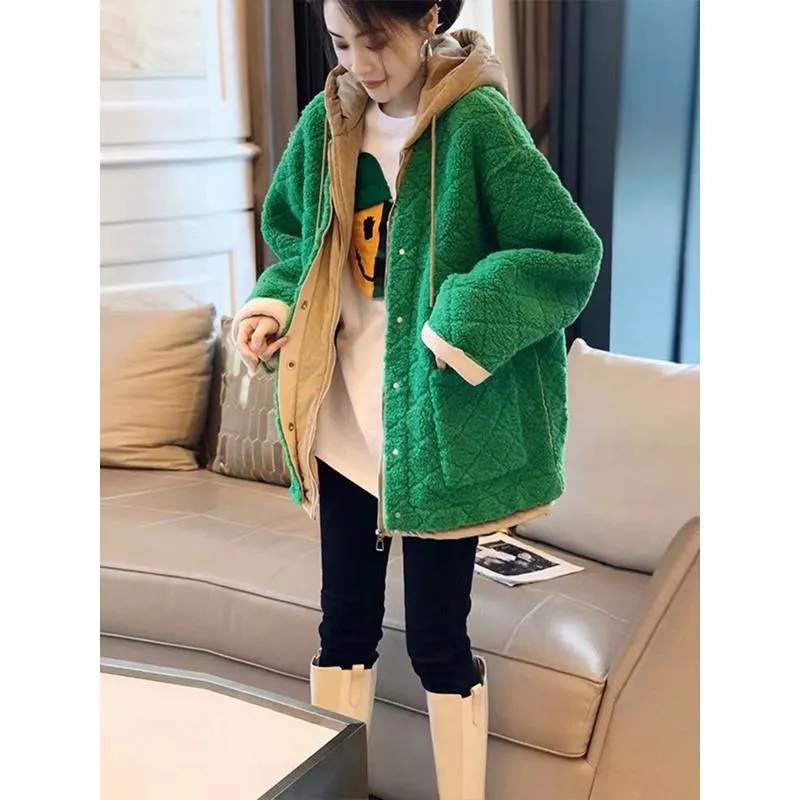 Plush Green Thickened Lamb Plus Velvet Hooded Teddy Coat