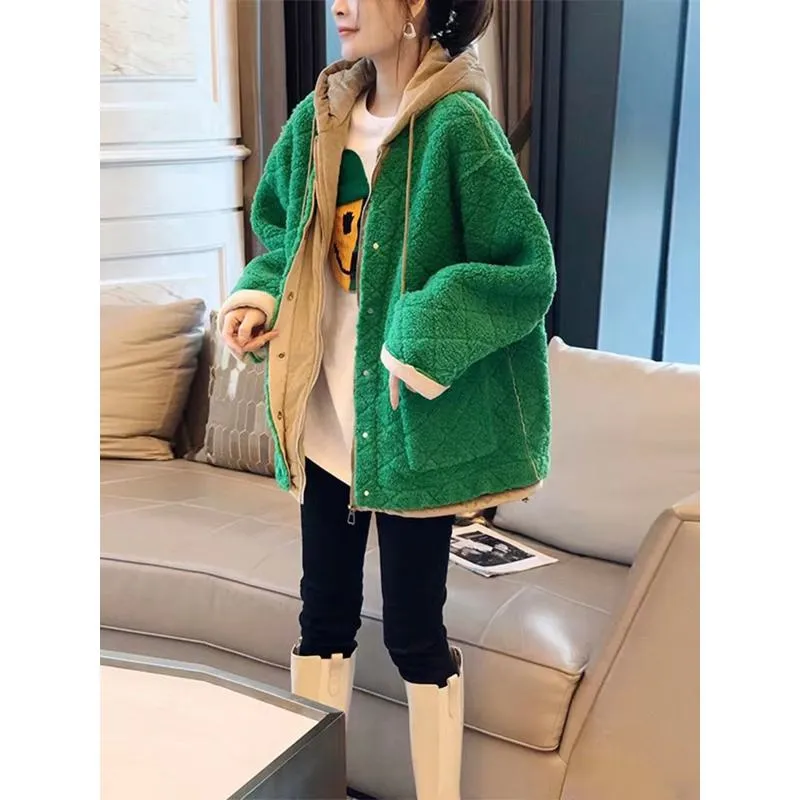 Plush Green Thickened Lamb Plus Velvet Hooded Teddy Coat