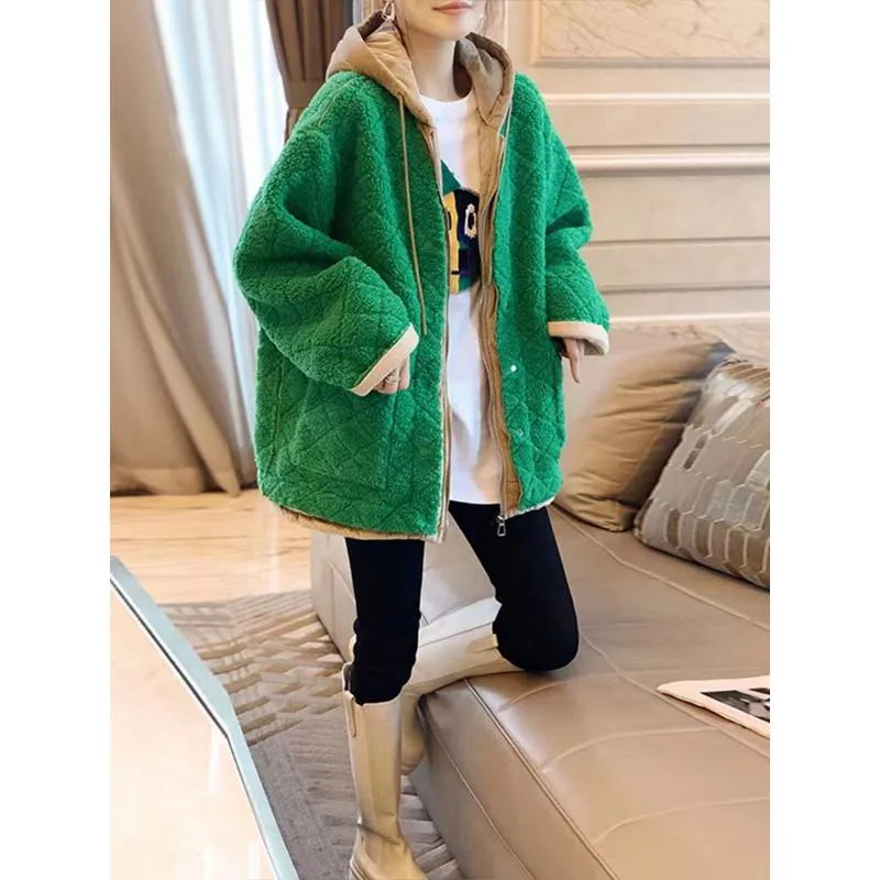 Plush Green Thickened Lamb Plus Velvet Hooded Teddy Coat