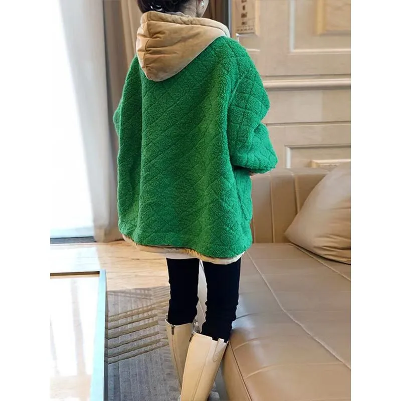 Plush Green Thickened Lamb Plus Velvet Hooded Teddy Coat