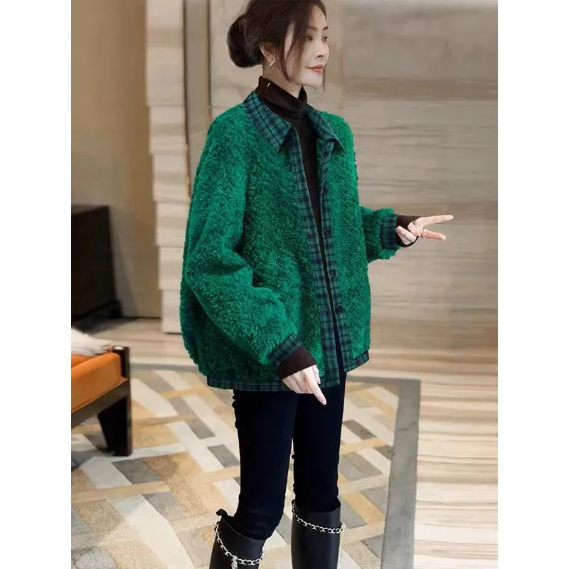 Plush Thickened Lamb Patchwork Granular Fluff Plaid Teddy Coat