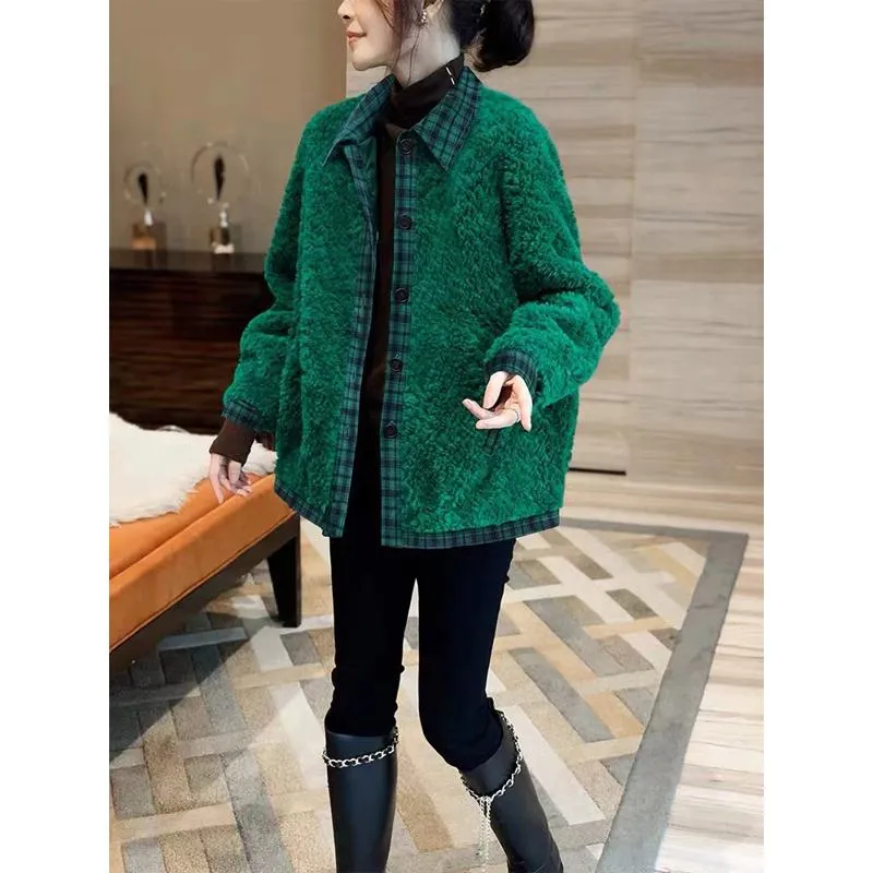 Plush Thickened Lamb Patchwork Granular Fluff Plaid Teddy Coat