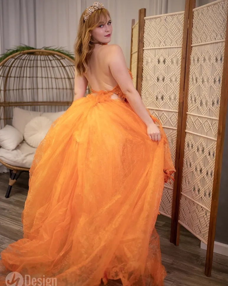 "HARVEST" Orange Organza Fall Leaves Crystal Wedding Ballgown Set