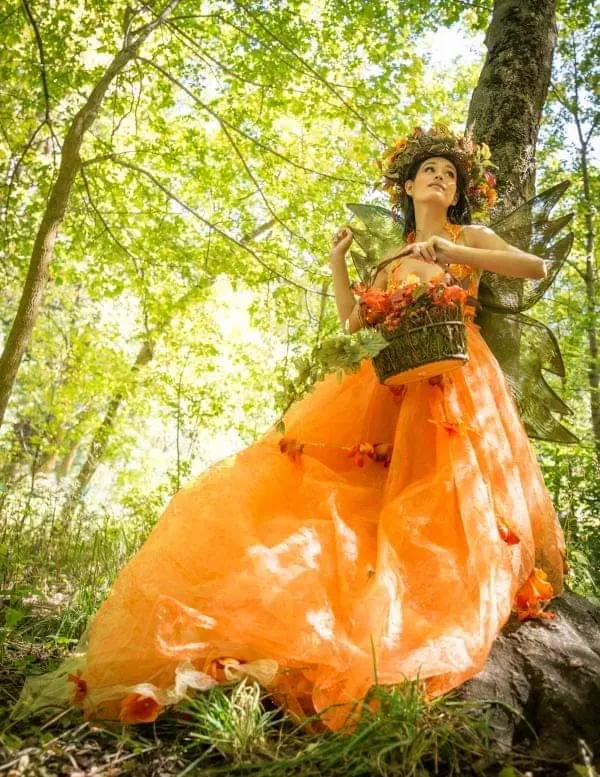 "HARVEST" Orange Organza Fall Leaves Crystal Wedding Ballgown Set