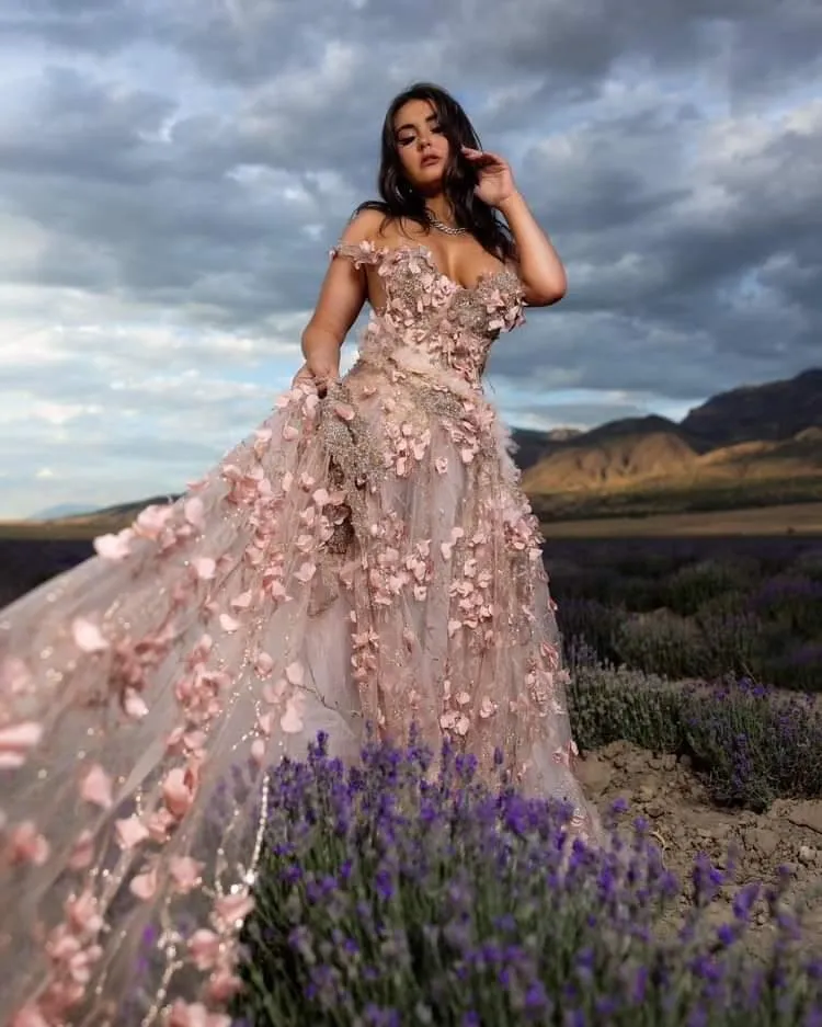 "VERITY" Blush & Gold 3D Floral Lace & Tulle Wedding Ballgown Set